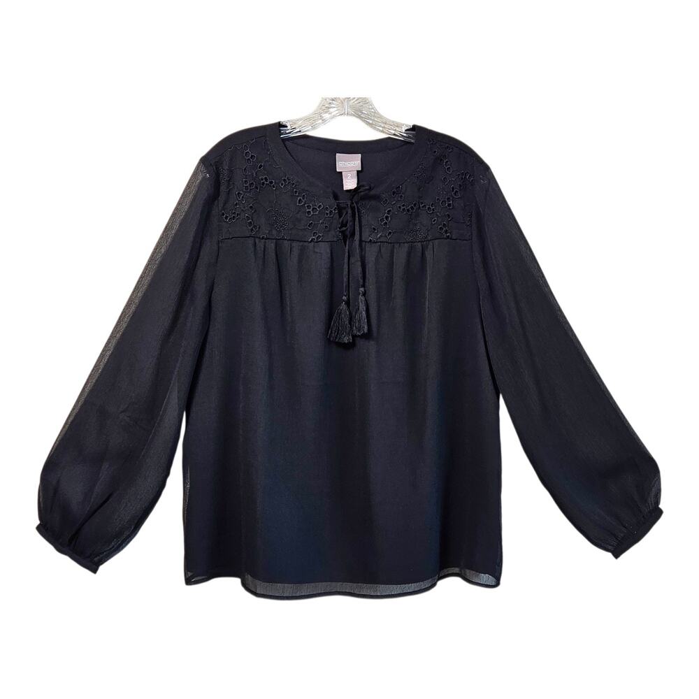 CHICO'S 2 Women 12 14 Blouse Black Embroidered Eyelet Tassels Sheer Sleeves 44"